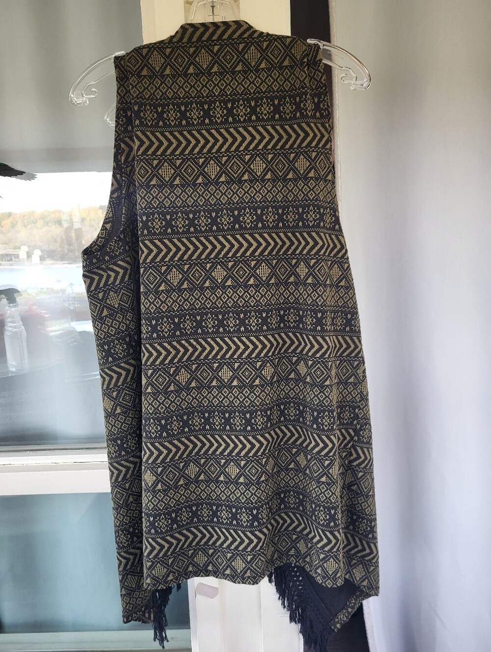 Fringed Aztec Pattern Knit Poncho/ Cape- Black & Olive Green